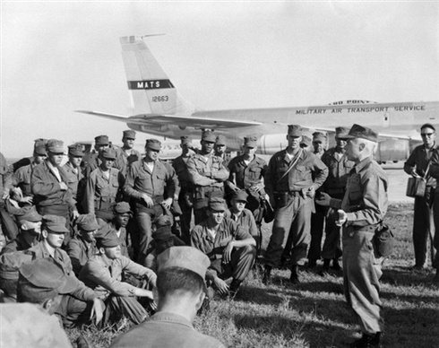 
CUBA, Guantanamo Bay : Admiral Robert Dennison (L), US navy commander of the Atlantic forces and Lieutenant General Louis W. Truman, commander of the Joint Task Force-Four (R) are seen during a visit to the American naval base of Guantanamo Bay in Cuba, 17 November 1962. The US military naval base of Guantanamo is in stand by and was reinforced because of the Cuban missile crisis. The Cuban missile crisis and its aftermath was the most serious U.S.-Soviet confrontation of the Cold War.
