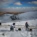 Palesztinok sétáltatják a kutyáikat a havas homokdombokon