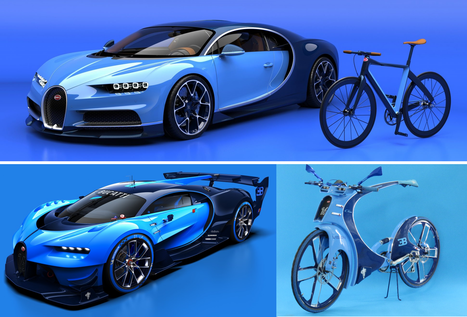 Felül a sorozatgyártású Chiron a cég megbízásából tervezett hivatalos kerékpárral, alul a Bugatti Vision Gran Turismo, Szabó Imre bringájával