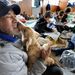 Japán férfi tartja karjaiban a kutyáját Isinomaki város evakuációs központjában
