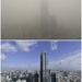 Shenjang 75 emeletes felhőkarcolója a szmoggal borított városban és tiszta időben.