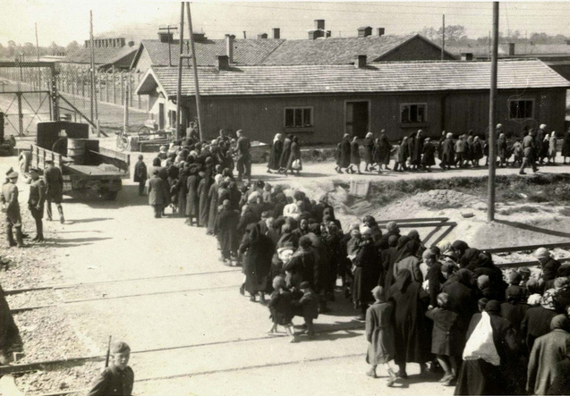Auschwitzba érkező magyar zsidók a zsidórámpán (vasúti sínpárok között elterülő terület, ahol az SS-orvosok a vagonokból leszálló zsidókat, és egyéb deportáltakat szelektálták), 1944. május.