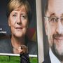 Angela Merkel kancellár (CDU, Kereszténydemokrata Párt) és Martin Schulz (SPD, Szociáldemokrata Párt) kancellárjelölt kampányplakátjai Hamburgban.
