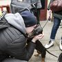 Egy családját váró férfi Ukrajnából érkezett kutyájával 2022. március 1-jén