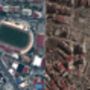 Lakóházak és egy stadion a törökországi Kahramanmarasban 2022. december 22-én és 2023. február 8-án, a 7,8-as erősségű földrengés előtt és után