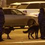 Orosz rendfenntartók kutyákkal járőröznek egy parkolóban a Crocus City Hall koncerthelyszín közelében 2024. március 23-án