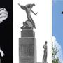 Kisfaludi Stróbl Zsigmond szobrai: a repülés bombán ücsörgő géniuszának tervei (baloldalt és középen) valamint a Citadellán álló Felszabadulási Emlékmű 