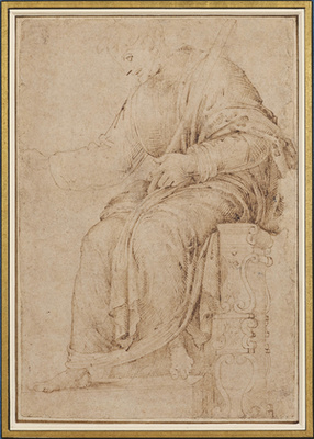 Michelangelo vörös kréta akttanulmánya a Sixtus-kápolna mennyezetfreskójának egyik meztelen ifjához (ignudo).