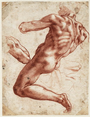 Michelangelo vörös kréta akttanulmánya a Sixtus-kápolna mennyezetfreskójának egyik meztelen ifjához (ignudo).