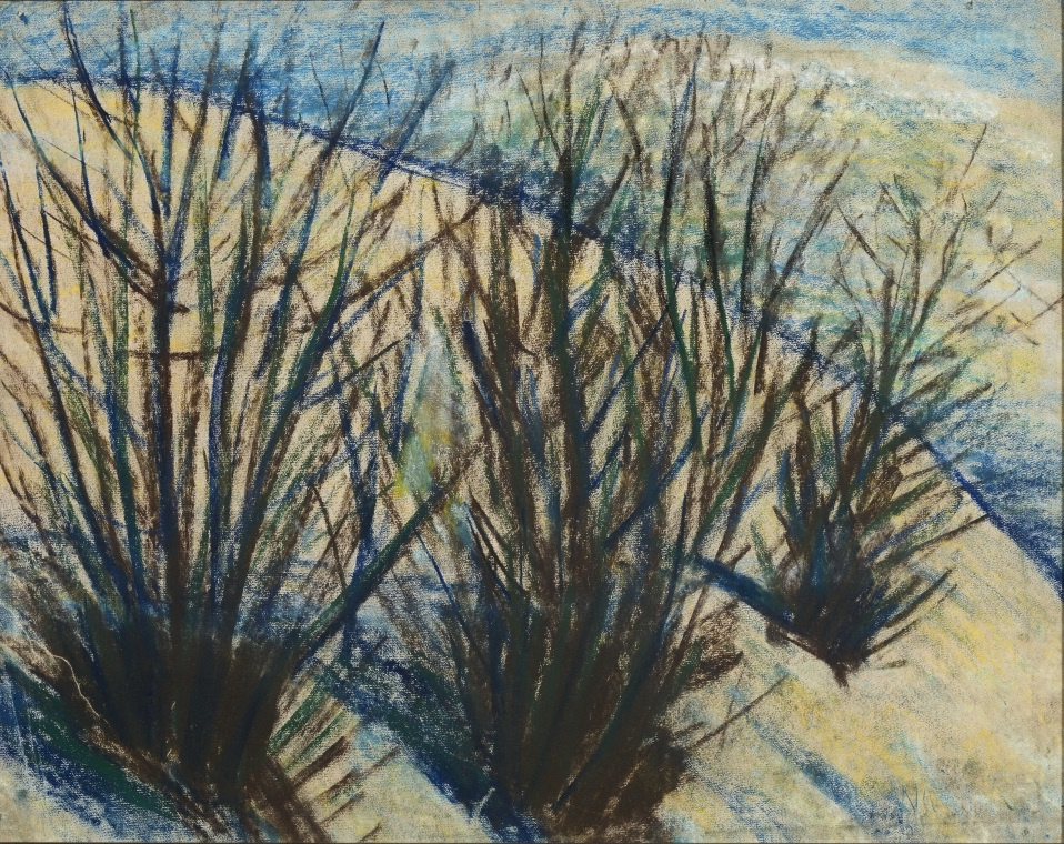 Napraforgók kék háttér előtt. A kép nem Van Gogh híres sorozatának adaptációja, Nagy István ilyen csendéletek sokaságát festette, különböző hétköznapi növényekkel. A párhuzam mégis megdöbbentő.