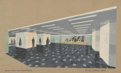 Máriáss László terve a Blaha Lujza téri mélyállomás középperonjára. Sajnos a metróvonal állomásainak eredeti építészeti kialakítása áldozatul esett a 2004 és 2007 között végrehajtott felújításnak