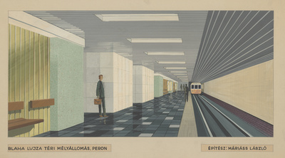 Máriáss László terve a Blaha Lujza téri mélyállomás középperonjára. Sajnos a metróvonal állomásainak eredeti építészeti kialakítása áldozatul esett a 2004 és 2007 között végrehajtott felújításnak