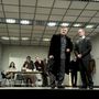 Mácsai Pál (j3) dr. Bernhardi és Epres Attila (j2) dr. Winkler szerepében Arthur Schnitzler A Bernhardi-ügy című színművének próbáján az Örkény Színházban 2015. március 24-én