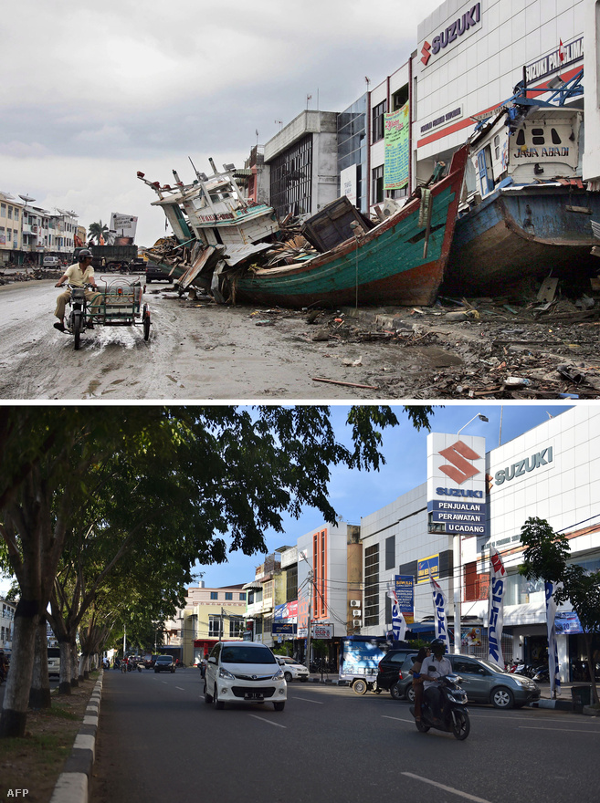 Turisták napoznak hat nappal a katasztrófa után Phuket szigetén, miközben a háttérben még takarítják el a törmeléket a parton. Tíz évvel a pusztító cunami után már sok partmenti város és halászfalu újjáépült, a túlélők pedig új életet kezdtek.