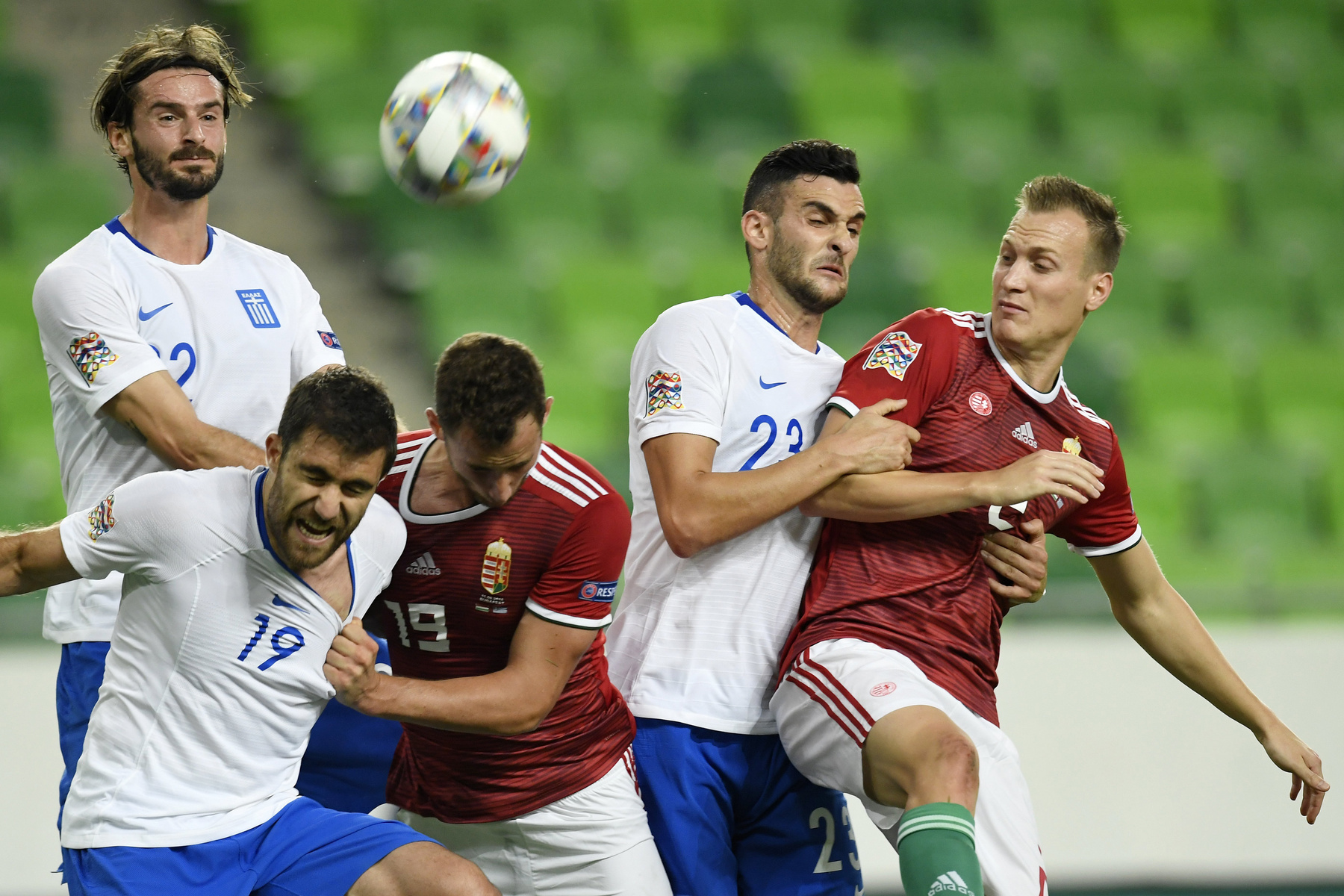 A magyar válogatott örül a győzelemnek a labdarúgó Nemzetek Ligájában játszott Magyarország - Görögország mérkőzés végén a Groupama Arénában 2018. szeptember 11-én. A magyar válogatott 2-1-re győzött.