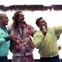 A férfi kalapácsvetés dobogósai: az ezüstérmes Halász Bence (balra), az aranyérmes kanadai Ethan Katzberg (középen) és a bronzérmes Mihajlo Kohan az éremátadó ceremónián.