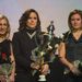 Risztov Éva (k) miután átvette az év legjobb női sportolója díjat a magyar sportújságírók szavazatai alapján a Sportcsillagok Gálaestjén az Év sportolói választás ünnepélyes eredményhirdetésén a SYMA Rendezvényközpontban 2012. december 20-án. Mellette a második helyen a kajakos Kozák Danuta (b) végzett aki az ötkarikás játékokon K-1 500 méteren valamint a női kajaknégyes tagjaként is aranyérmes volt a harmadik helyre a Londonban bronzérmes cselgáncsozó Csernoviczki Éva (j) került.