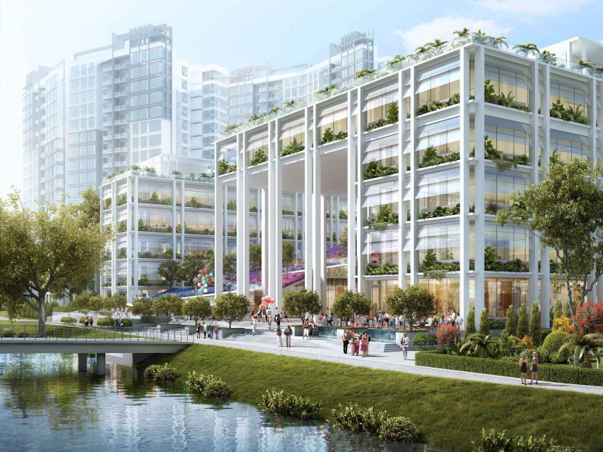 Vízparti kertek, rendelőintézet és közösségi ház (Serie + Multiply Consultants Pte Ltd., Punggol, Szingapúr)