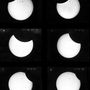 Az 1882-es részleges napfogyatkozás hat fázisa, kitűnően megfigyelhető napfoltokkal.