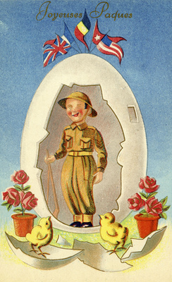 Második világháborús húsvéti üdvözlőlap francia szöveggel: Boldog Húsvétot! A lap tetején a szövetségesek zászlai, Franciaország, Belgium, Amerika és a Szovjetunió. Nagy-Britannia valamiért kimaradt.
