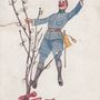 Barkaágon állva sapkáját lengető osztrák-magyar tiszt –Fritz Schönpflug osztrák karikaturista, grafikus által készített húsvéti képeslap – 1910-es évek.