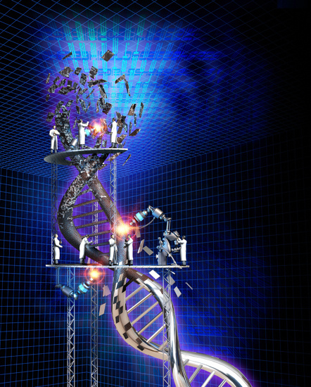 Digitális műalkotás, az óriási DNS-szálat apró tudósok manipulálják
