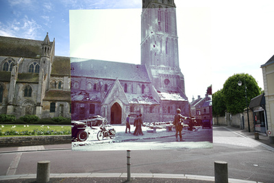 A Basly-i Szent György templom kertje a D-napon és ma. A régi képen kanadai katonák láthatók.