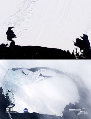 A Pine Island gleccser az Antarktiszon. Ez az egyik legnagyobb mozgó gleccser, hatalmas jéghegyek szakdnak le róla.